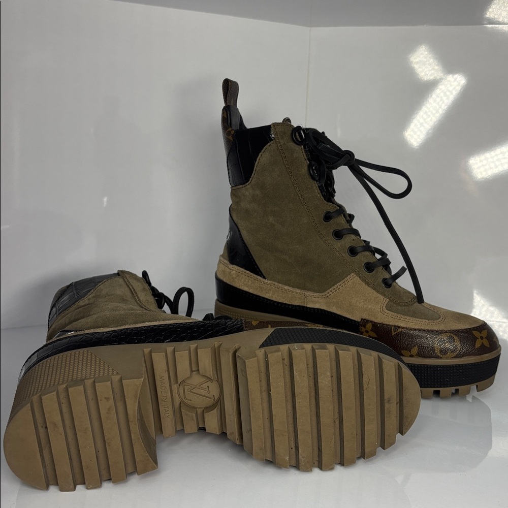 Louis Vuitton Brown & Tan Monogram Combat Platform Boots - Picture 2 of 4